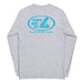 Grey long-sleeve crewneck shirt back view, with baby a blue and white graphic print of surfboards, palms and hut with the text 'KIMO'S SURF HUT' inside a double oval.