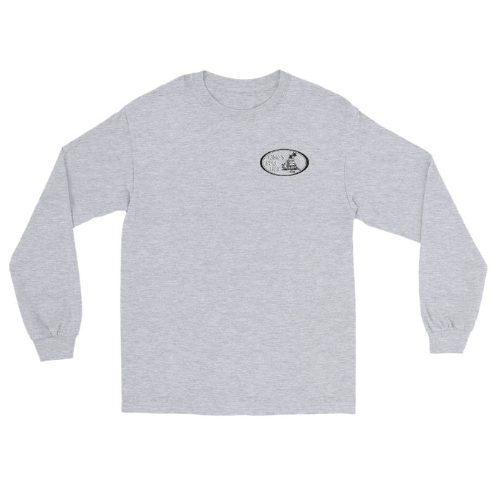 Grey long-sleeve crewneck shirt front view, featuring black and white graphic print of surfboards, palms and hut with the text 'KIMO'S SURF HUT' inside a double oval on the left chest.