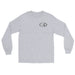 Grey long-sleeve crewneck shirt front view, featuring black and white graphic print of surfboards, palms and hut with the text 'KIMO'S SURF HUT' inside a double oval on the left chest.