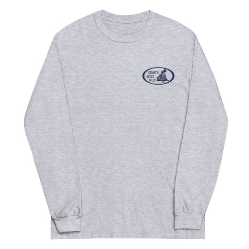 Grey long-sleeve crewneck shirt shown from the front, featuring a blue and grey graphic print of surfboards, palms and hut with the text 'KIMO'S SURF HUT' inside a double oval on the left chest.