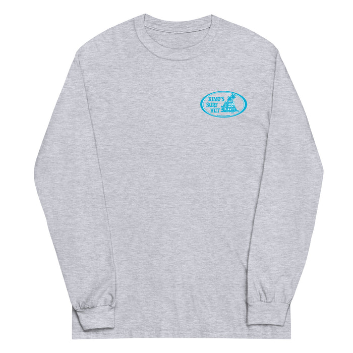 Grey long-sleeve crewneck shirt front view, with baby a blue and white graphic print of surfboards, palms and hut with the text 'KIMO'S SURF HUT' inside a double oval on the left chest.