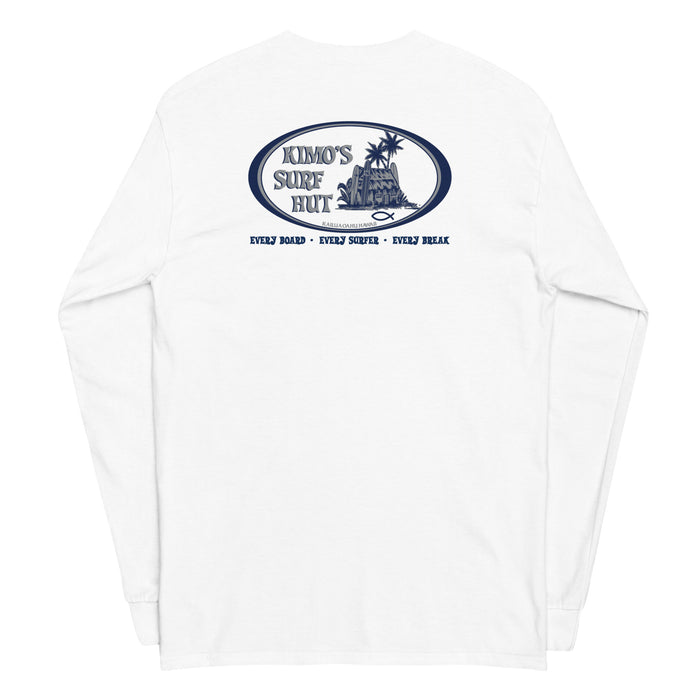 White long-sleeve crewneck shirt, featuring a blue and grey graphic print of surfboards, palms and hut with the text 'KIMO'S SURF HUT' inside a double oval back view.