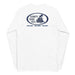 White long-sleeve crewneck shirt, featuring a blue and grey graphic print of surfboards, palms and hut with the text 'KIMO'S SURF HUT' inside a double oval back view.