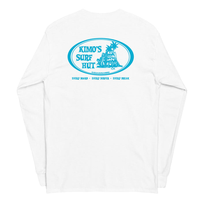 White long-sleeve crewneck shirt back view, with baby a blue and white graphic print of surfboards, palms and hut with the text 'KIMO'S SURF HUT' inside a double oval.