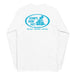 White long-sleeve crewneck shirt back view, with baby a blue and white graphic print of surfboards, palms and hut with the text 'KIMO'S SURF HUT' inside a double oval.