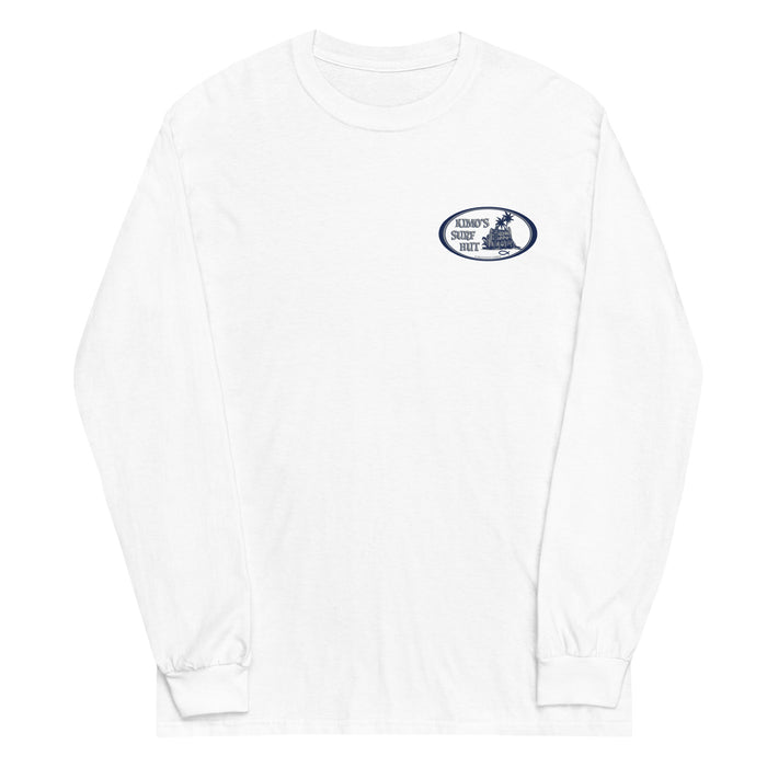 White long-sleeve crewneck shirt shown from the front, featuring a blue and grey graphic print of surfboards, palms and hut with the text 'KIMO'S SURF HUT' inside a double oval on the left chest.