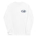 White long-sleeve crewneck shirt shown from the front, featuring a blue and grey graphic print of surfboards, palms and hut with the text 'KIMO'S SURF HUT' inside a double oval on the left chest.