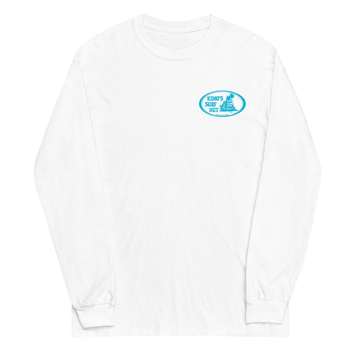 White long-sleeve crewneck shirt front view, with baby a blue and white graphic print of surfboards, palms and hut with the text 'KIMO'S SURF HUT' inside a double oval on the left chest.