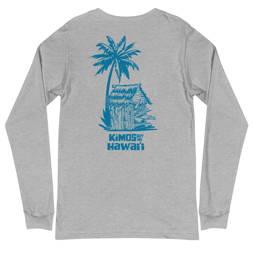Kimo's Surf Hut Hawaii long sleeve athletic heather t-shirt with cool blue stylized back view of palm tree with surfboard hut
