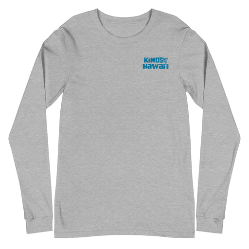 Kimo's Surf Hut Hawaii long sleeve athletic heather t-shirt with cool blue stylized lettering cozy front view
