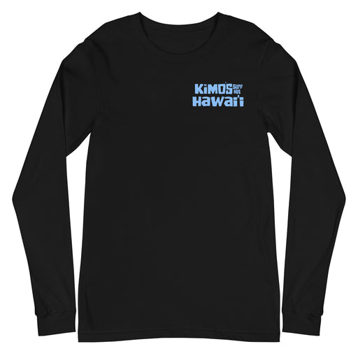 Kimo's Surf Hut Hawaii long sleeve black t-shirt with cool light blue stylized lettering cozy front view