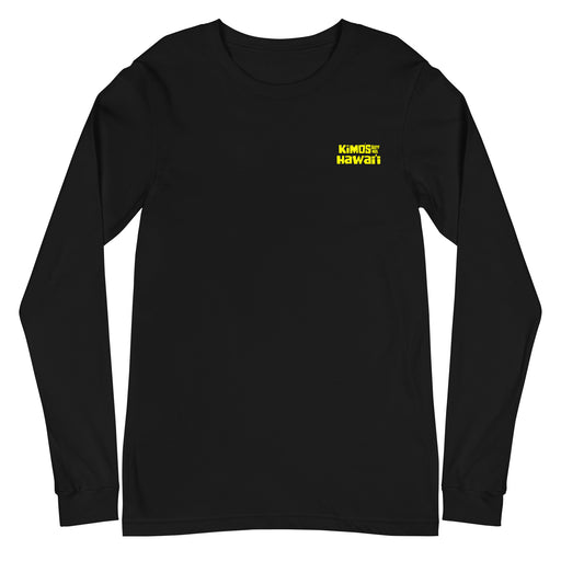 Kimo's Surf Hut Hawaii long sleeve blac t-shirt with bright yellow stylized lettering front view