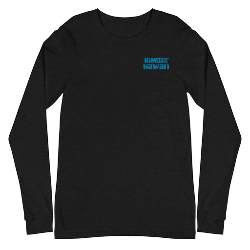 Kimo's Surf Hut Hawaii long sleeve black t-shirt with cool blue stylized lettering front view