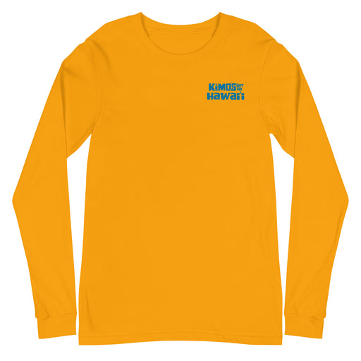 Kimo's Surf Hut Hawaii long sleeve gold t-shirt with cool blue stylized lettering cozy front view