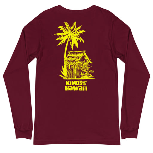 Kimo's Surf Hut Hawaii long sleeve maroon t-shirt with bright yellow stylized lettering back view of palm tree with surfboard hut