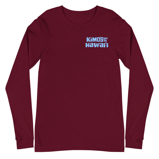 Kimo's Surf Hut Hawaii long sleeve maroon t-shirt with cool light blue stylized lettering cozy front view