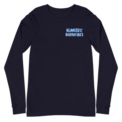 Kimo's Surf Hut Hawaii long sleeve navy t-shirt with cool light blue stylized lettering cozy front view