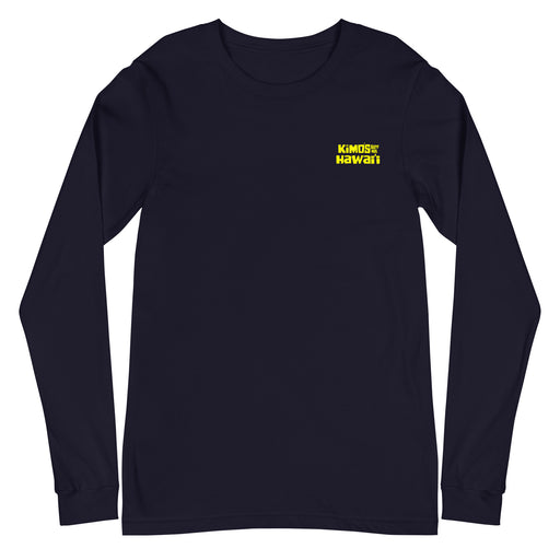 Kimo's Surf Hut Hawaii long sleeve navy t-shirt with bright yellow stylized lettering front view