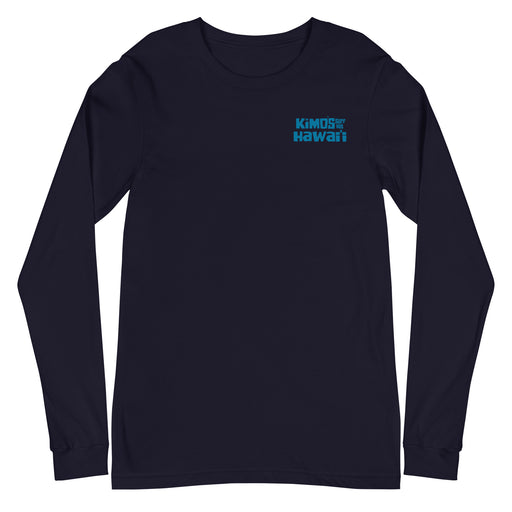 Kimo's Surf Hut Hawaii long sleeve navy t-shirt with cool blue stylized lettering cozy front view
