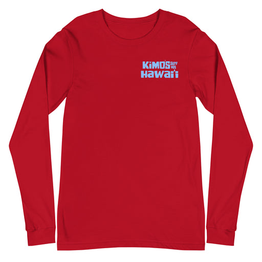 Kimo's Surf Hut Hawaii long sleeve red t-shirt with cool light blue stylized lettering cozy front view