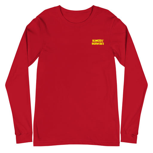 Kimo's Surf Hut Hawaii long sleeve red t-shirt with bright yellow stylized lettering front view