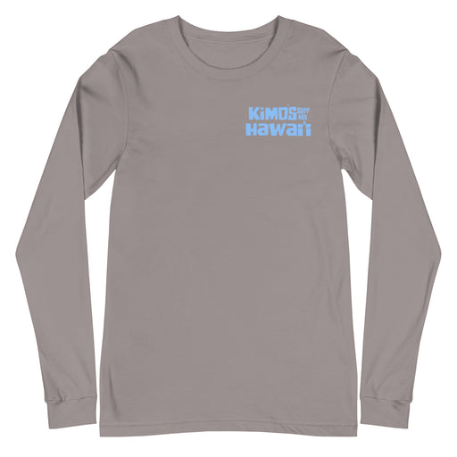 Kimo's Surf Hut Hawaii long sleeve storm t-shirt with cool light blue stylized lettering cozy front view