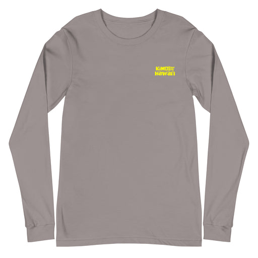 Kimo's Surf Hut Hawaii long sleeve storm t-shirt with bright yellow stylized lettering front view