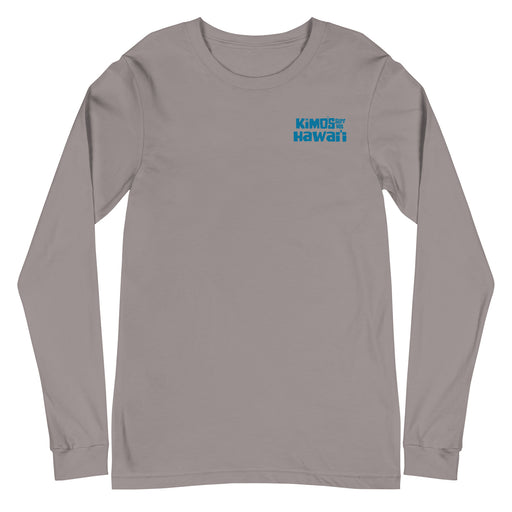 Kimo's Surf Hut Hawaii long sleeve storm t-shirt with cool blue stylized lettering cozy front view
