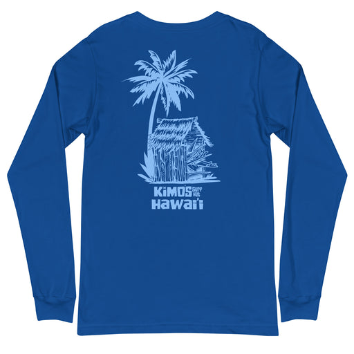 Kimo's Surf Hut Hawaii long sleeve royal t-shirt with cool blue stylized lettering back view of palm tree with surfboard hut