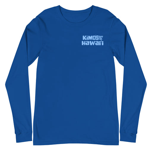Kimo's Surf Hut Hawaii long sleeve royal t-shirt with cool light blue stylized lettering cozy front view