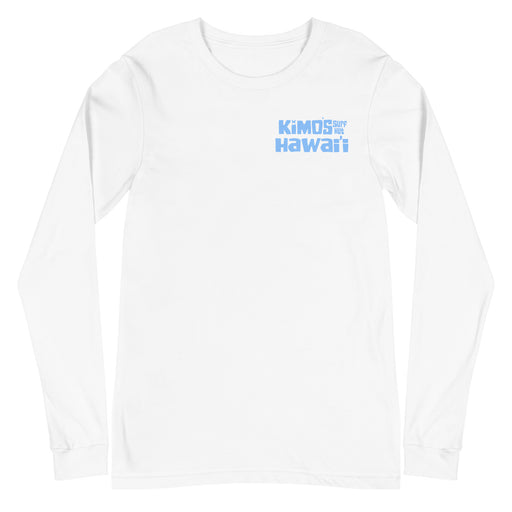 Kimo's Surf Hut Hawaii long sleeve white t-shirt with cool light blue stylized lettering cozy front view