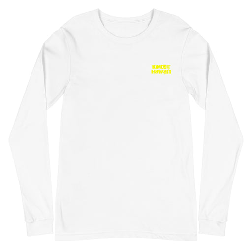 Kimo's Surf Hut Hawaii long sleeve white t-shirt with bright yellow stylized lettering front view