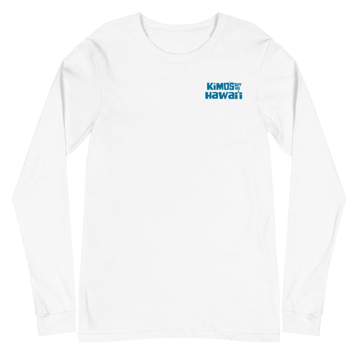 Kimo's Surf Hut Hawaii long sleeve white t-shirt with cool blue stylized lettering cozy front view