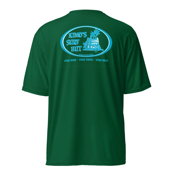 Kimo's Surf Hut Baby blue white Logo green rashguard moisture-wicking fabric, active wear 40+ SPF back view HI flag sleeve