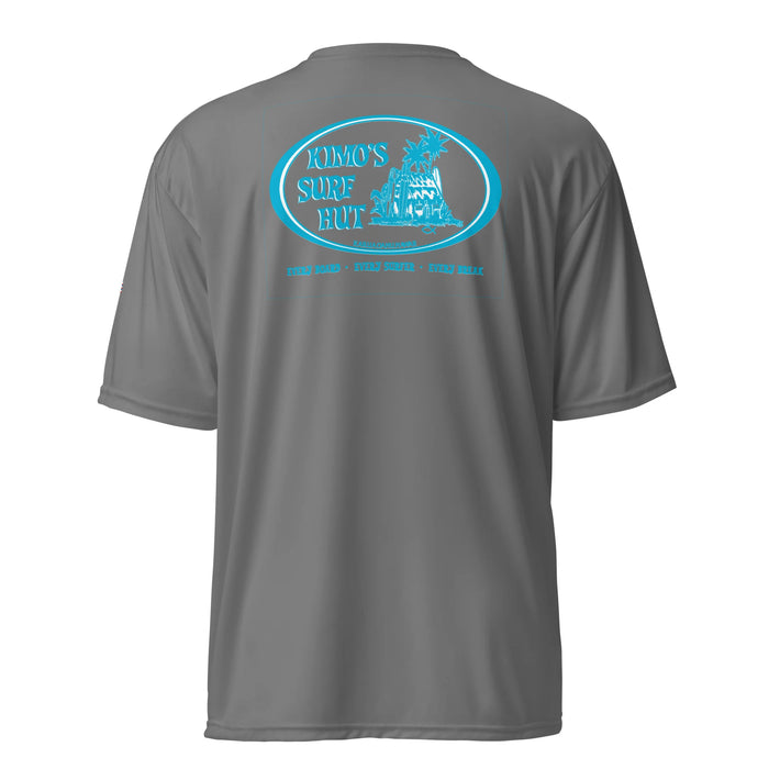 Kimo's Surf Hut Baby blue white Logo grey rashguard moisture-wicking fabric, active wear 40+ SPF back view HI flag sleeve