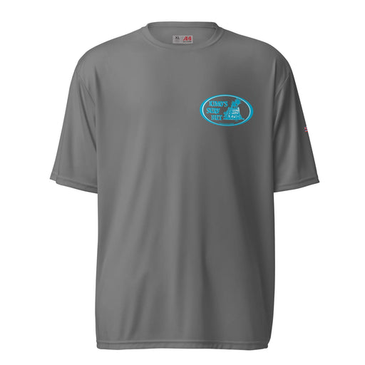 Kimo's Surf Hut Baby blue white Logo grey rashguard moisture-wicking fabric, active wear 40+ SPF front view HI flag sleeve