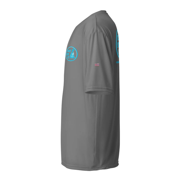 Kimo's Surf Hut Baby blue white Logo grey rashguard moisture-wicking fabric, active wear 40+ SPF left view HI flag sleeve