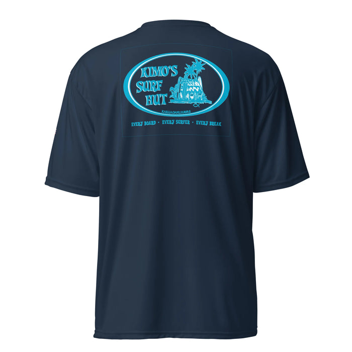 Kimo's Surf Hut Baby blue white Logo navy rashguard moisture-wicking fabric, active wear 40+ SPF back view HI flag sleeve
