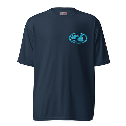 Kimo's Surf Hut Baby blue white Logo navy rashguard moisture-wicking fabric, active wear 40+ SPF front view HI flag sleeve