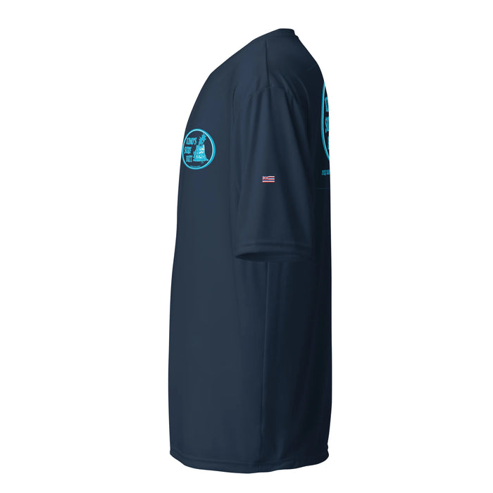 Kimo's Surf Hut Baby blue white Logo navy rashguard moisture-wicking fabric, active wear 40+ SPF left view HI flag sleeve
