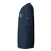 Kimo's Surf Hut Baby blue white Logo navy rashguard moisture-wicking fabric, active wear 40+ SPF left view HI flag sleeve