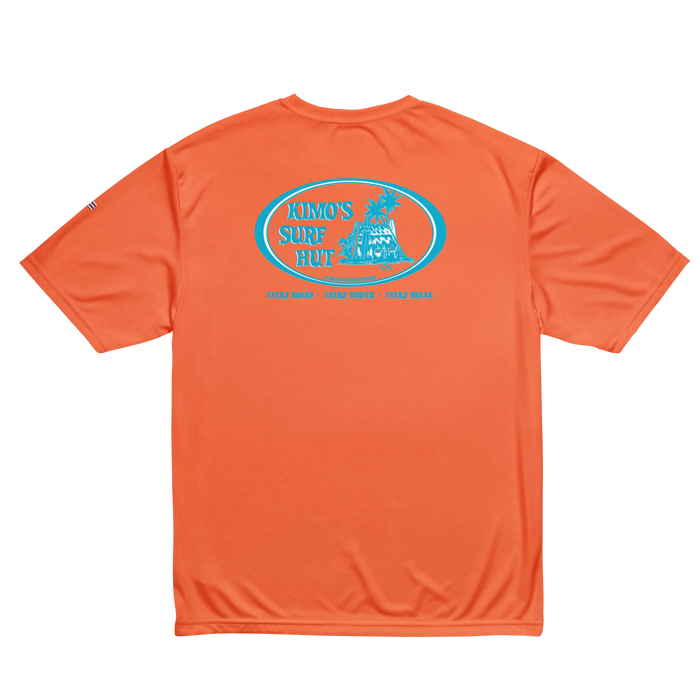 moisture-wicking fabric orange safety color T-shirt oval surf logo in Baby Blue & White 40+ SPF protection back view