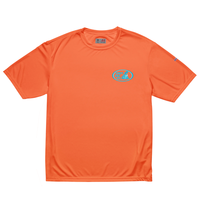 moisture-wicking fabric orange safety color T-shirt oval surf logo in Baby Blue & White 40+ SPF protection front view