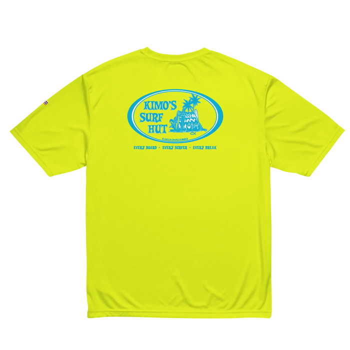 moisture-wicking fabric yellow safety color T-shirt oval surf logo in Baby Blue & White 40+ SPF protection back view