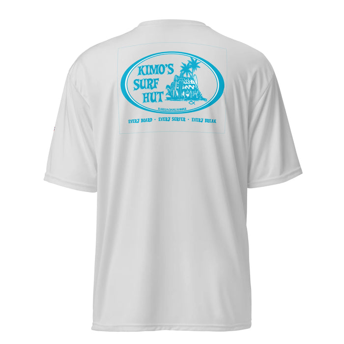 Kimo's Surf Hut Baby blue white Logo lt grey rashguard moisture-wicking fabric, active wear 40+ SPF back view HI flag sleeve
