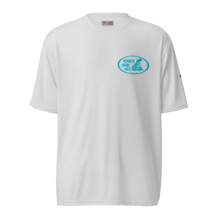 Kimo's Surf Hut Baby blue white Logo lt grey rashguard moisture-wicking fabric, active wear 40+ SPF front view HI flag sleeve