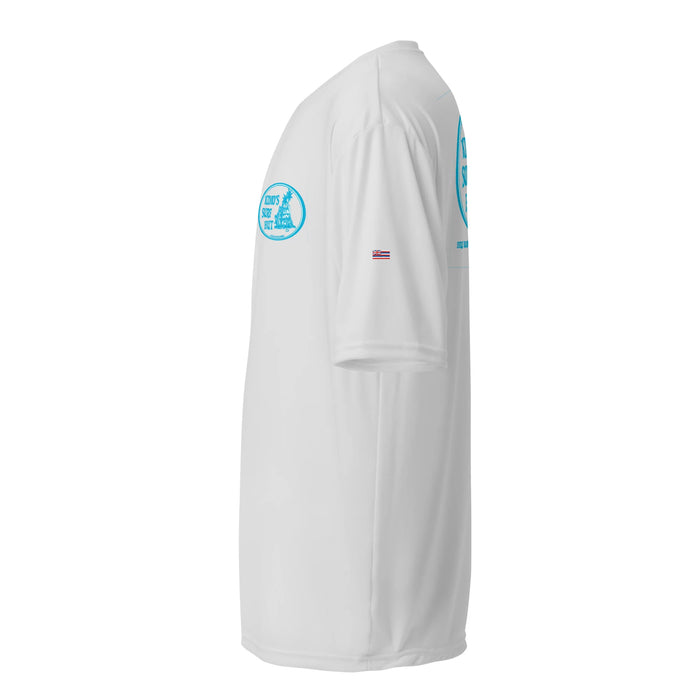 Kimo's Surf Hut Baby blue white Logo lt grey rashguard moisture-wicking fabric, active wear 40+ SPF left view HI flag sleeve