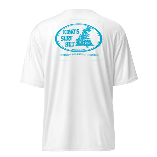 Kimo's Surf Hut Baby blue white Logo white rashguard moisture-wicking fabric, active wear 40+ SPF back view HI flag sleeve