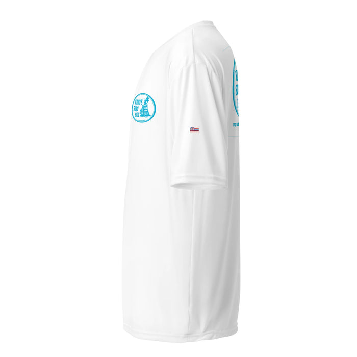 Kimo's Surf Hut Baby blue white Logo white rashguard moisture-wicking fabric, active wear 40+ SPF left view HI flag sleeve