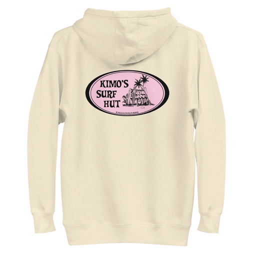 Bone colored 100% cotton comfortable Hoodie with Kimo's Surf Hut Classic Oval Logo in Pink fabulously stylish fit front pocket and hood back view